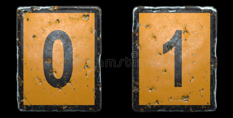 Conjunto de números 0, 1 hecho de señal pública de carretera color naranja y negro sobre fondo negro 3d foto de archivo Conjunto de números 0, 1 hecho de señal pública de carretera color naranja y negro sobre fondo negro 3d foto de archivo