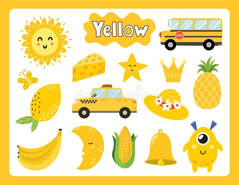 Conjunto de objetos de color amarillo colores de aprendizaje para niños  colección de elementos lindos fondo educativo