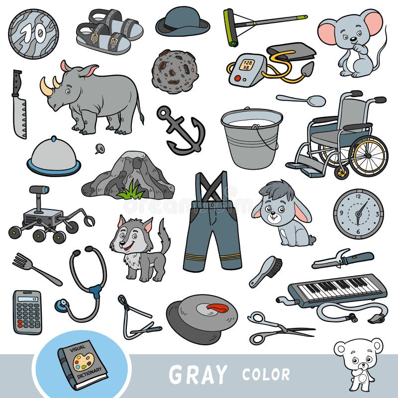  Conjunto De Objetos De Color Gris Diccionario Visual Para Niños Sobre Los Colores Básicos Ilustración del Vector