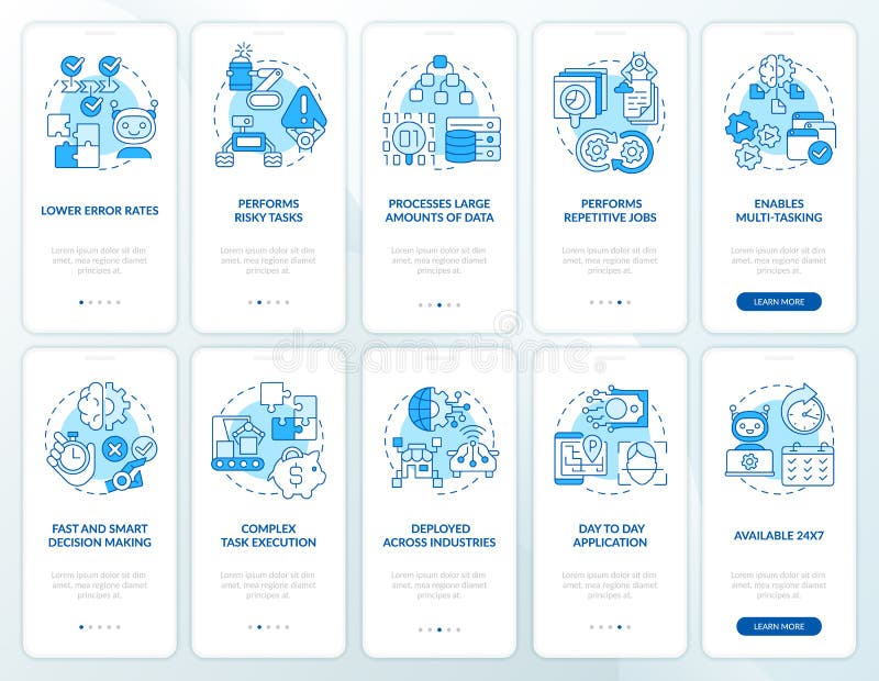 Conjunto de pantalla de aplicación móvil onboarding azul de inteligencia artificial stock de ilustración