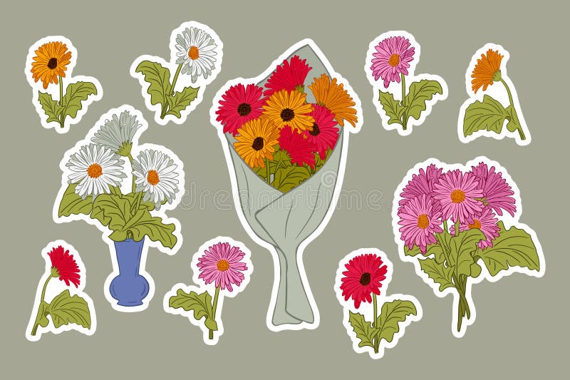 Conjunto de pegatinas portadoras planas de gerberas coloridas libre illustration
