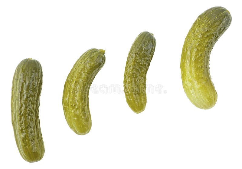 Conjunto de pepinos en picado de diferentes formas aislados en un fondo blanco, vista superior Grupo de pepinillos fotografía de archivo