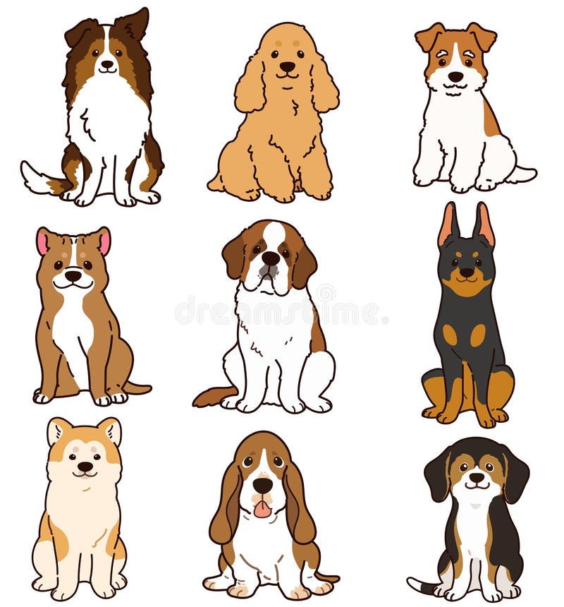 Conjunto de perros lindos y simples delineados sentados frente a la vista stock de ilustración