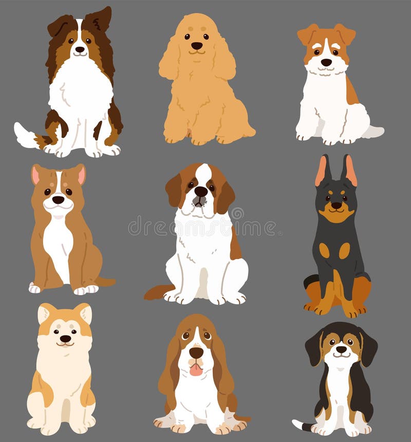 Conjunto de perros planos, lindos y simples, sentados frente a la vista libre illustration