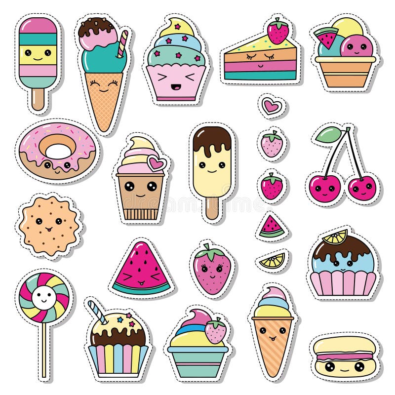 Conjunto De Personagens Do Estilo De Desenho Kawaii Rabiscar. Coleção De  ícones Emoticon Face Na Loja De Doces. Colorido Desenhado Ilustração do  Vetor - Ilustração de copo, colorido: 246286260