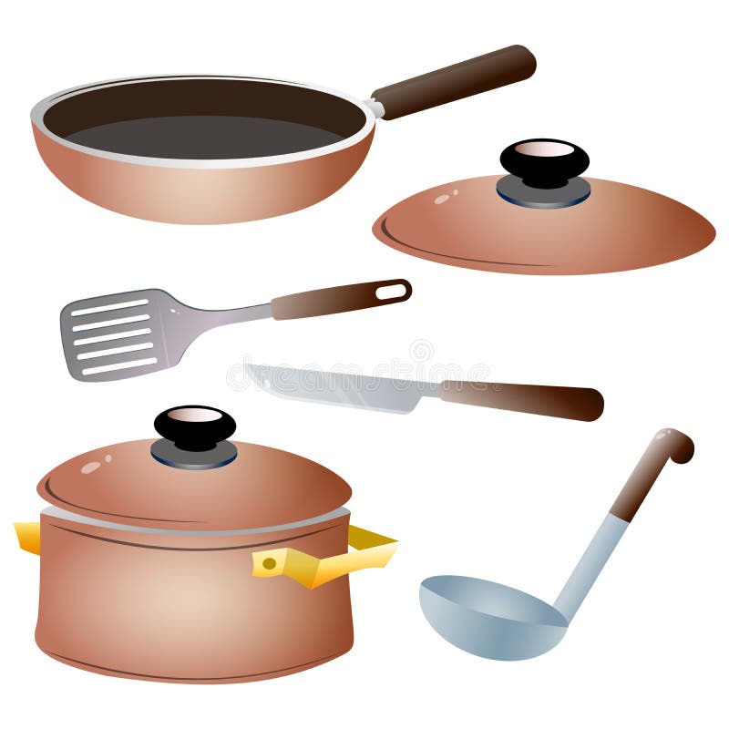 Conjunto de platos de cocina Imágenes en color de una sartén, un hervidor, un cuchillo, una cuchara y una sartén sobre fondo blan ilustración del vector
