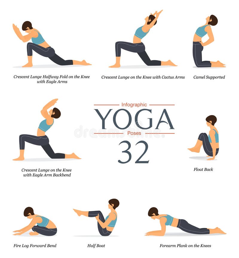 Sistema De 8 Actitudes De La Yoga En Diseño Plano La Mujer Figura Ejercicio  En Ropa De Deportes Azul Y Los Pantalones Negros De L Ilustración del Vector  - Ilustración de hermoso