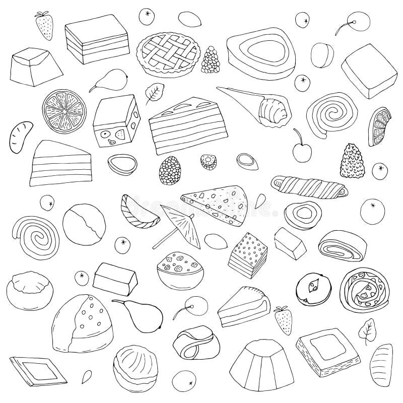 Conjunto de postres Tortas, rollos y empanadas dulces, galletas y berrie stock de ilustración Conjunto de postres Tortas, rollos y empanadas dulces, galletas y berrie stock de ilustración
