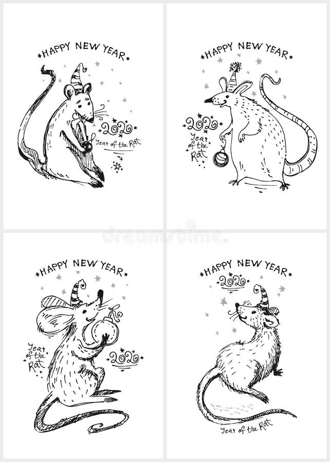 Conjunto de quatro placas com ilustração desenhada manualmente com ratos engraçados Saudação ao cartão vetorial para felicitações ilustração do vetor Conjunto de quatro placas com ilustração desenhada manualmente com ratos engraçados Saudação ao cartão vetorial para felicitações ilustração do vetor