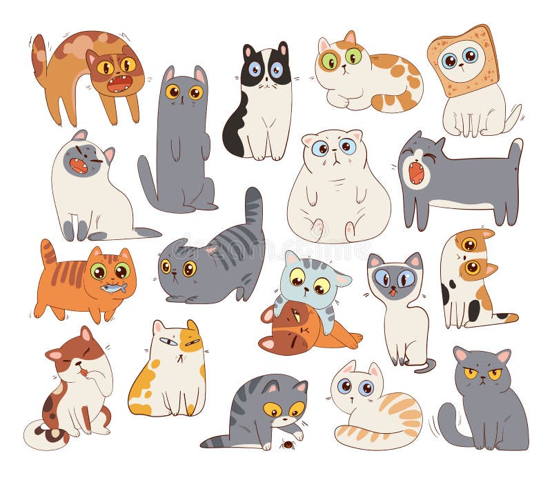 muitos gatos bonitos e coloridos. fundo de gatos. gatos fofos e engraçados  doodle conjunto de vetores. coleção de personagens de desenho animado de  gato ou gatinho em estilo plano em poses diferentes