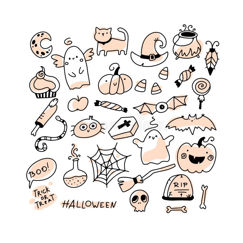 Conjunto de elementos de halloween ou ilustração com mão ou desenho estilo
