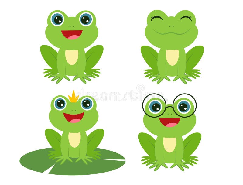 Conjunto De Ranas Sonrientes Verdes Sentadas. Estilo De Dibujos Animados.  Ilustración Vectorial Stock de ilustración - Ilustración de rana, infantil:  241705135