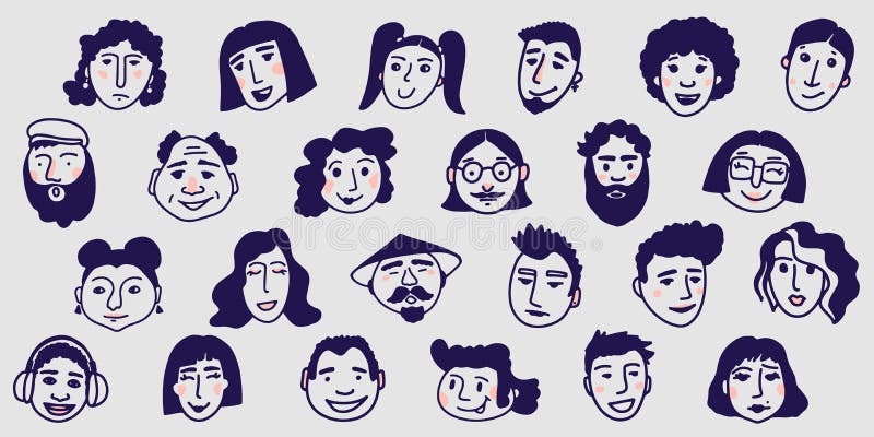 coleção de rostos de desenhos animados desenhados à mão. olhos expressivos  e boca, sorrindo, chorando e