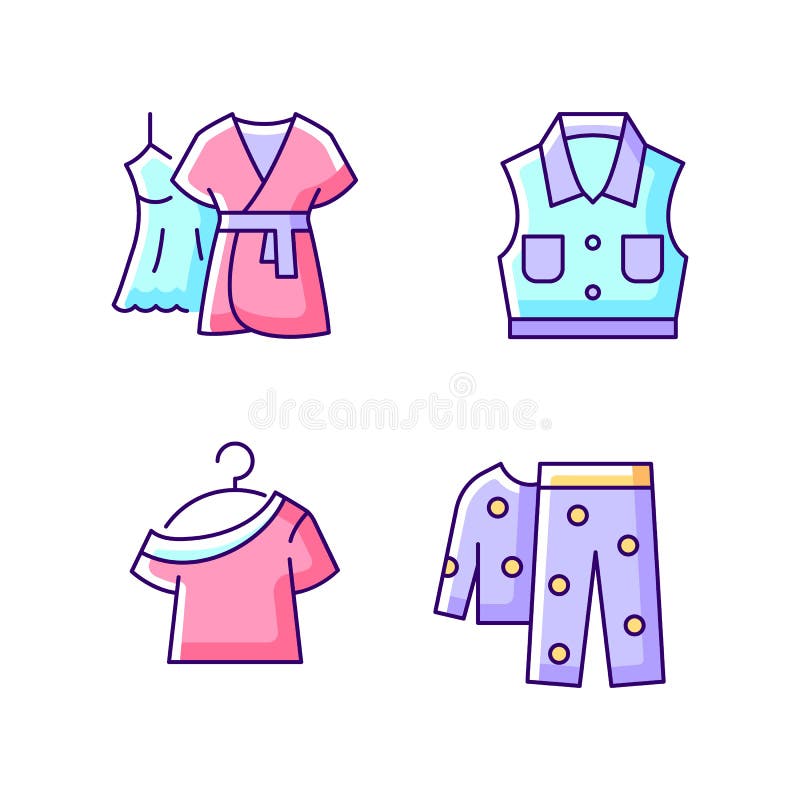 roupas confortáveis para conjunto de ícones de cores rgb em casa. top de  sutiã. moletom para mulheres e homens. corredores confortáveis. ilustrações  isoladas do vetor. coleção de desenhos simples preenchidos de pijamas