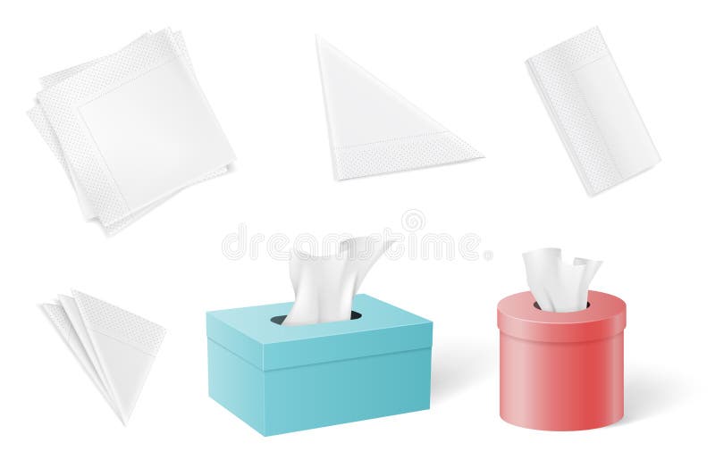 Conjunto de servilletas y tejidos de papel doblados en diferentes formas y dentro de cajas