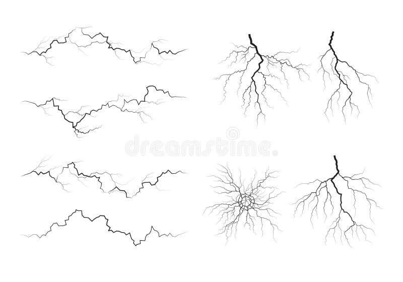 Conjunto de silhuetas relâmpagos. tempestade isolada em branco. ilustração vetorial