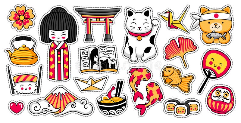 ordenar femenino si puedes Conjunto De Stickers De Caricaturas Kawaii Japoneses Muñeca Kokeshi,  Maneki-neko, Carpas, Origami, Fuji, Sushi, Manga, Hoja Ginko Ilustración  del Vector - Ilustración de gatito, palillos: 167556040