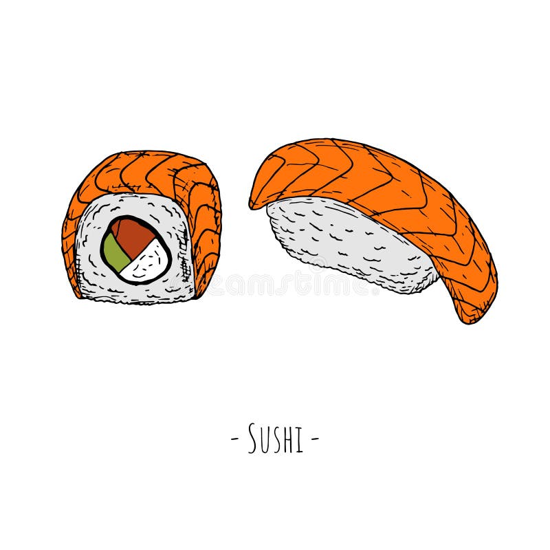 Sushi Ilustración De Dibujos Animados Objeto Aislado En Un Fondo Blanco  Estilo a Mano Stock de ilustración - Ilustración de travieso, delicioso:  170681592