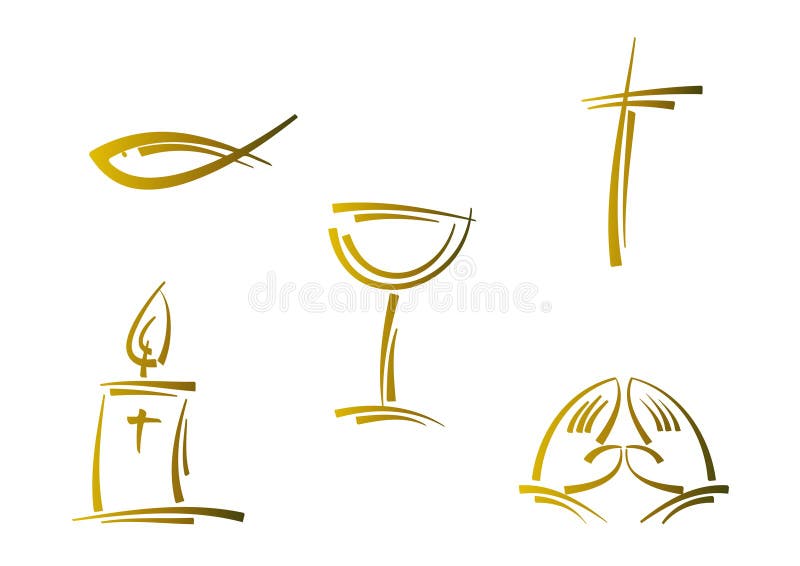 Set of five abstract gold-colored icons/illustrations perfect for designs related to religion, christianity, spirituality, ... Included are fish, cross (crucifix), chalice, candle and praying hands. Set of five abstract gold-colored icons/illustrations perfect for designs related to religion, christianity, spirituality, ... Included are fish, cross (crucifix), chalice, candle and praying hands