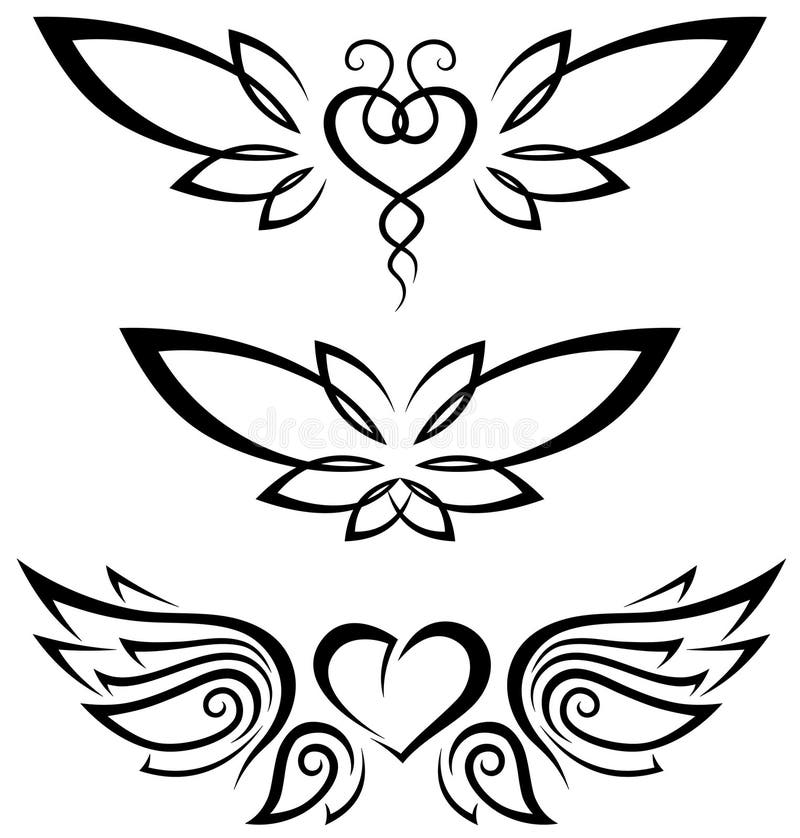Conjunto De Tatuajes Tribales Que Incluyen Corazones Con Alas Ilustración  del Vector - Ilustración de sello, mosca: 161583957