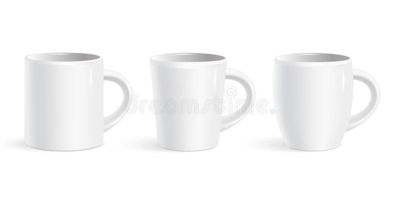 Conjunto de tazas de café blancas realistas aisladas sobre fondo blanco. plantillas vectoriales para burlarse ilustración del vector