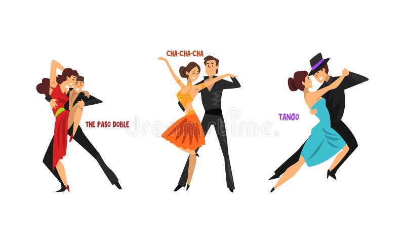  Conjunto De Varios Estilos De Baile Profesional Parejas Bailando Chachacha Paso Doble Tango Vector De Dibujos Animados Ilustración del Vector