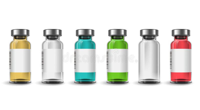 Conjunto de vectores de botella de vacuna. plantilla de simulación de botellas de vacuna con varios colores aislados stock de ilustración