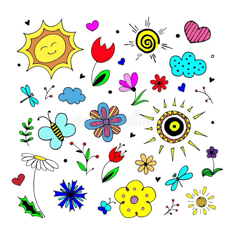  Conjunto De Vectores Dibujado a Mano De Primavera. Conjunto De Dibujos Animados Coloridos De Objetos Y Símbolos Sobre El Tema De L Ilustración del Vector