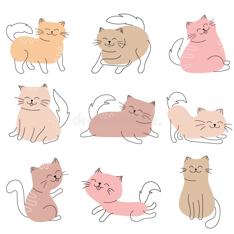 Conjunto de desenhos animados de gatos fofos desenhados à mão gatinhos fofos  em pose diferente