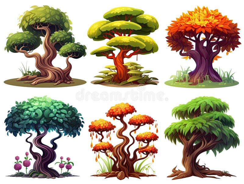 Conjunto de árboles diferentes y luminosos. ilustraciones al estilo de dibujos animados. gráficos de juego. generado por ai. sobre un fondo blanco.