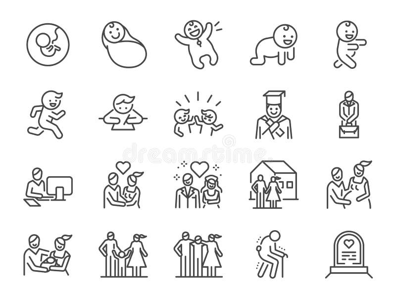 Conjunto de ícones da linha Ciclo de Vida Incluídos ícones como nascimento, criança, morte, crescimento, família, feliz e muito m