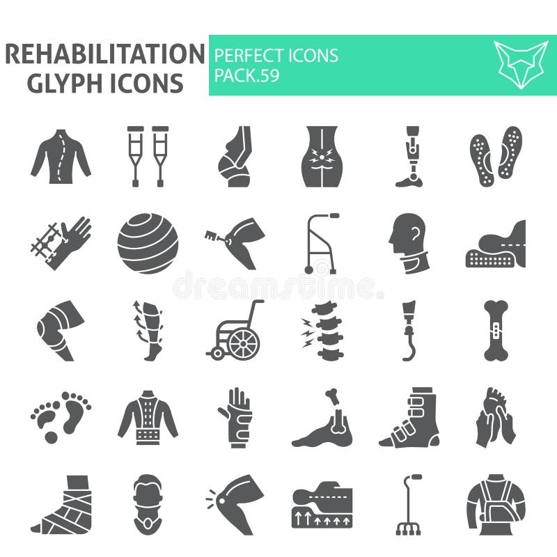 Conjunto de ícones do glifo de reabilitação, coleção de símbolos de terapia, esboços vetoriais, ilustrações de logotipos, sinais ilustração stock Conjunto de ícones do glifo de reabilitação, coleção de símbolos de terapia, esboços vetoriais, ilustrações de logotipos, sinais ilustração stock