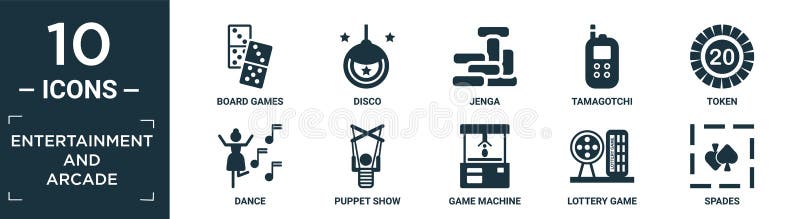 Conjunto de ícones de entretenimento e arcade preenchidos. contém jogos de tabuleiro plano disco jenga tamagotchi jogo de dança