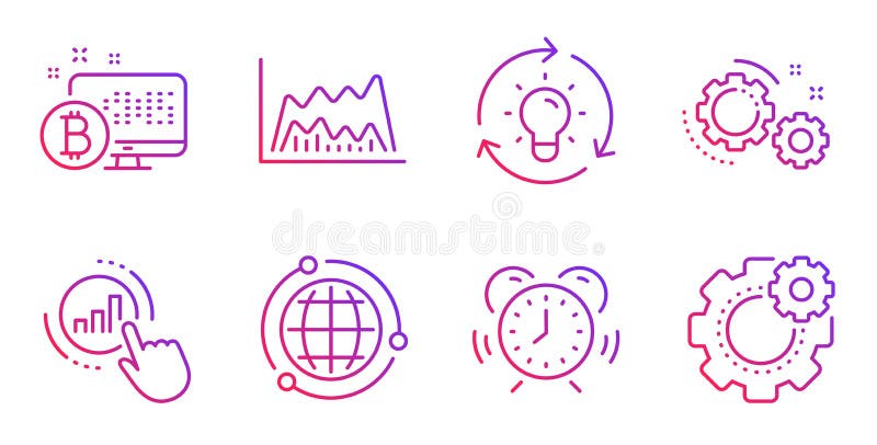 Conjunto de Ãcones Globo, Ursos e Ideias. Gráfico de gráfico, sistema Bitcoin e sinais de gráfico de comércio. Vetor ilustração stock Conjunto de Ãcones Globo, Ursos e Ideias. Gráfico de gráfico, sistema Bitcoin e sinais de gráfico de comércio. Vetor ilustração stock