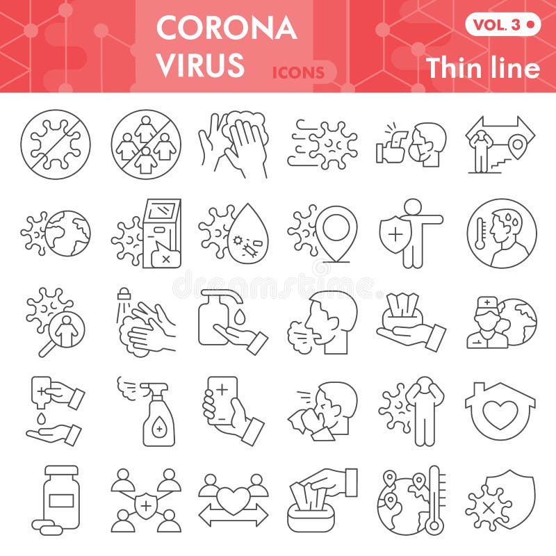 Conjunto de ícones de linha fina do coronavírus. coleção de símbolos covid19 ou esboços vetoriais. sinais de vírus corona para a w