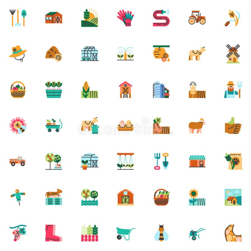 Gardening and farming elements collection, flat icon set, Colorful symbols pack contains - farmhouse, gardening tools, farmer, livestock, greenhouse, irrigation. Vector illustration. Flat style design. Gardening and farming elements collection, flat icon set, Colorful symbols pack contains - farmhouse, gardening tools, farmer, livestock, greenhouse, irrigation. Vector illustration. Flat style design