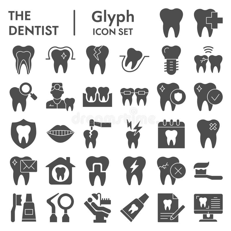 Dentistry solid icon set. Dental care signs collection, sketches, logo illustrations, web symbols, glyph style pictograms package isolated on white background. Vector graphics. Dentistry solid icon set. Dental care signs collection, sketches, logo illustrations, web symbols, glyph style pictograms package isolated on white background. Vector graphics