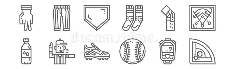 Set of 12 baseball icons. outline thin line icons such as baseball field, baseball, referee, kneepad, home plate, pants. Set of 12 baseball icons. outline thin line icons such as baseball field, baseball, referee, kneepad, home plate, pants.