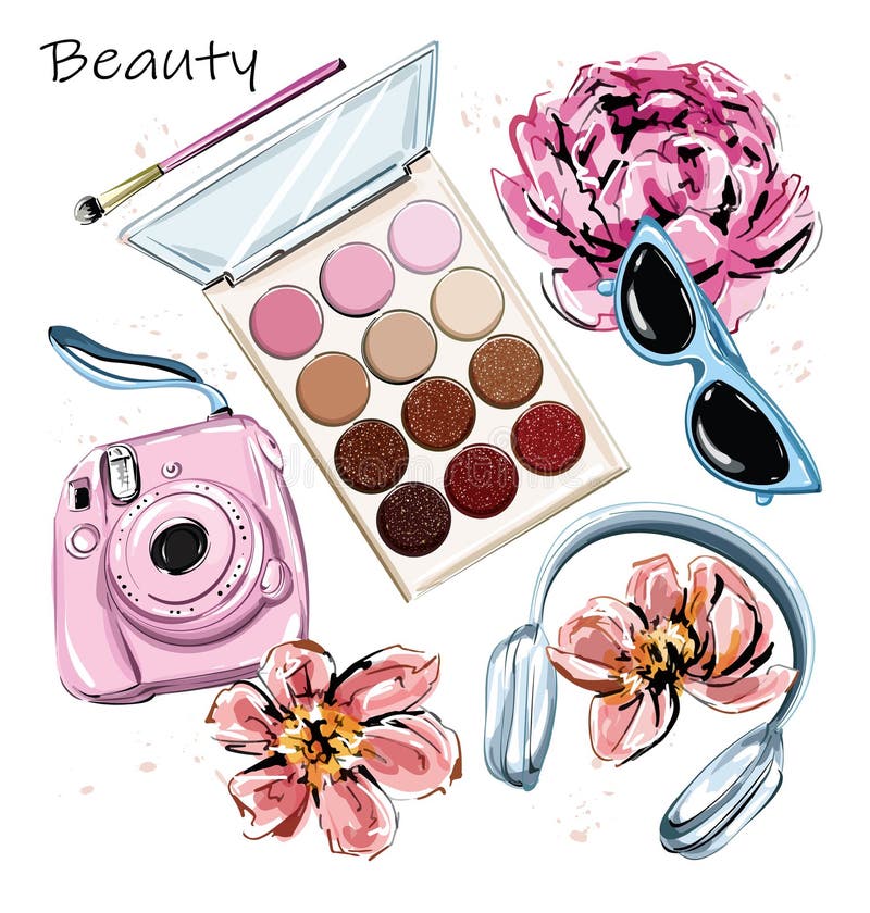 Conjunto desenhado à mão com sombras oculares, pincel, câmara, auscultadores, óculos e flores. Jogo bonito. esbo?o ilustração royalty free Conjunto desenhado à mão com sombras oculares, pincel, câmara, auscultadores, óculos e flores. Jogo bonito. esbo?o ilustração royalty free