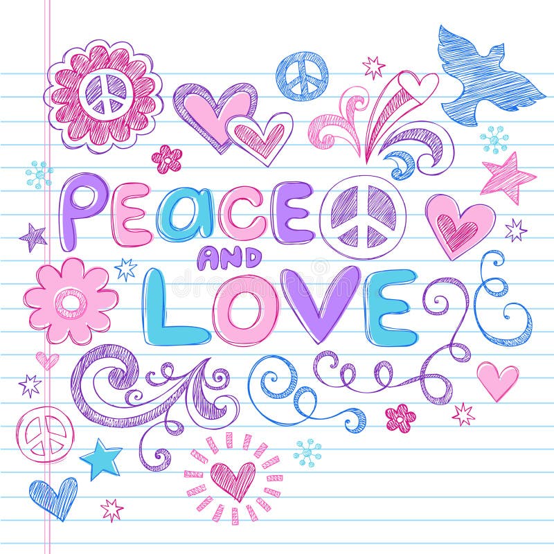 Conjunto incompleto del vector de los Doodles del cuaderno de la paz y del amor