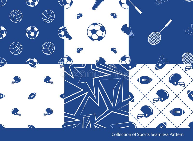 Seamless pattern set. Sports collection featuring American football, soccer, football, badminton, volleyball and basketball. Seamless pattern set. Sports collection featuring American football, soccer, football, badminton, volleyball and basketball