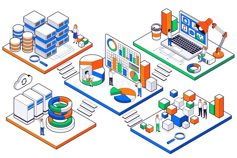 Conjunto isométrico de análisis científico de big data imágenes de archivo libres de regalías