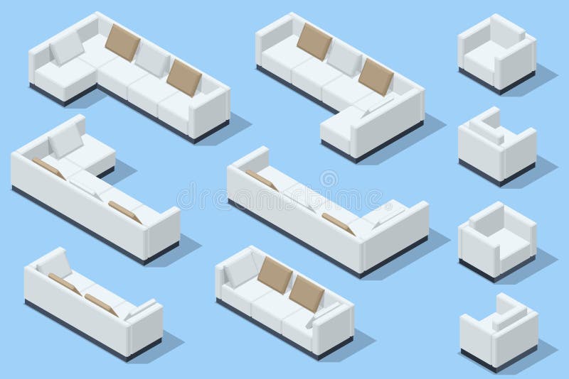 Conjunto isométrico del sofá moderno. sofá moderno con almohadas aisladas en segundo plano stock de ilustración