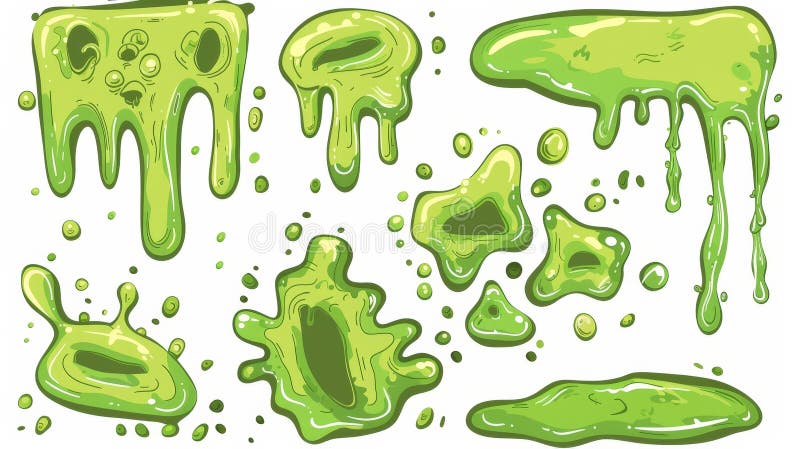 Modern set of green slime frames and elements with blobs and dripping. Sticky goo, jelly or syrup splats. Cartoon illustration.. AI generated. Modern set of green slime frames and elements with blobs and dripping. Sticky goo, jelly or syrup splats. Cartoon illustration.. AI generated