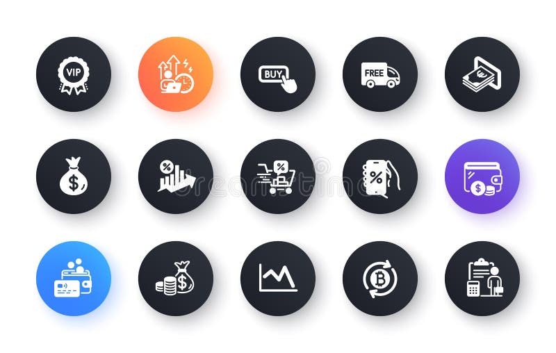 Conjunto mínimo de bitcoin de refresco de tarjeta y descuentos aplicación iconos planos para el desarrollo web. para diseño. vecto stock de ilustración