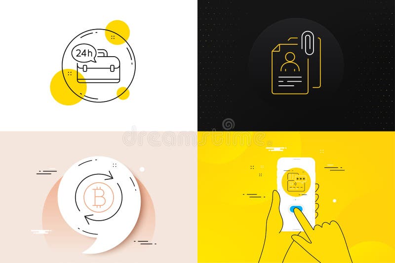 Conjunto mínimo de 24h de tarjeta de servicio e iconos de la línea de bitcoin de refresco. para el desarrollo web. vector ilustración del vector