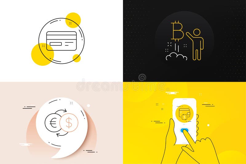 Conjunto mínimo de iconos de línea de proyecto de intercambio de dinero de tarjeta de crédito y bitcoin. para el desarrollo web. v stock de ilustración