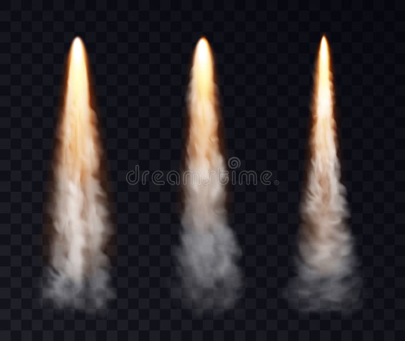 Conjunto realista de rutas de lanzamiento de cohetes espaciales. rastro de misiles o balas. pistas de aviones de reacción. nubes d