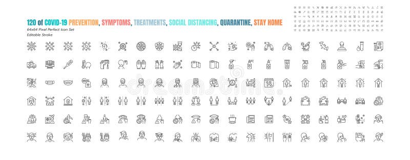 Simple Set of Covid-19 Prevention Line Outline Icons. such Icons as Protective Measures,, Social Distancing, Symptoms, Quarantine, Stay at Home. 64x64 Pixel Perfect. Editable Stroke. Simple Set of Covid-19 Prevention Line Outline Icons. such Icons as Protective Measures,, Social Distancing, Symptoms, Quarantine, Stay at Home. 64x64 Pixel Perfect. Editable Stroke