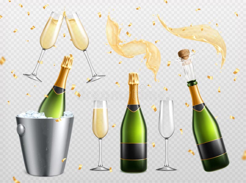 Champagne realistic transparent set with isolated splashes drops and drinking glasses with bottles in ice bucket vector illustration. Champagne realistic transparent set with isolated splashes drops and drinking glasses with bottles in ice bucket vector illustration